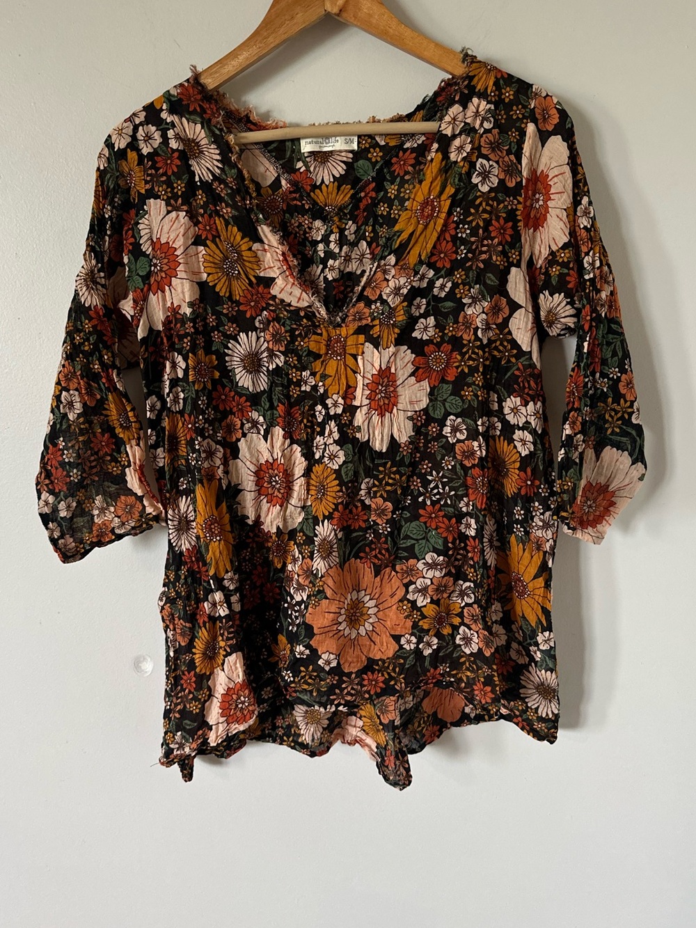 NATURAL LIFE Black Floral V-Neck Tunic with Rust, Mustard & Cream Blooms